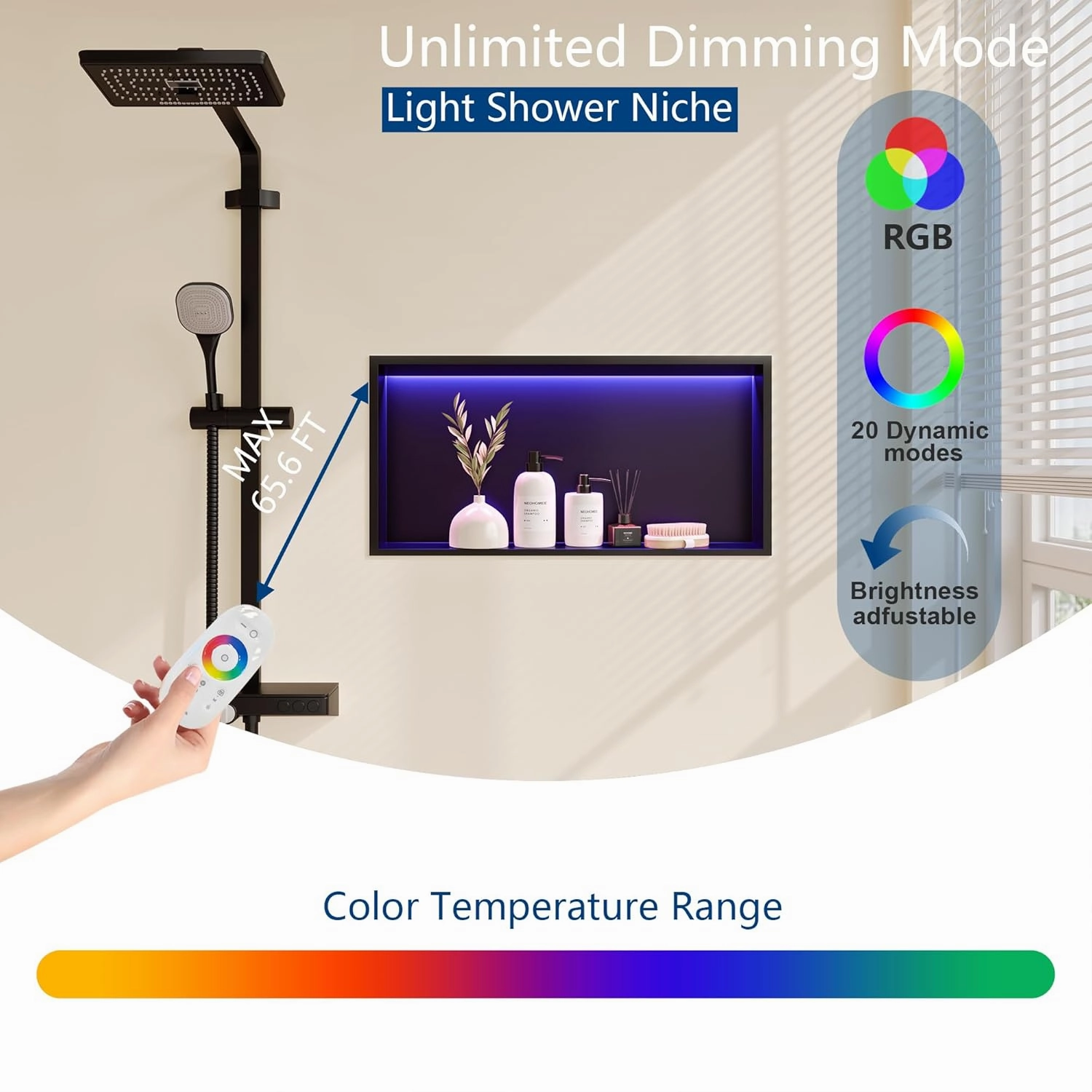 RGB LED Light Shower Niche, Matte Black 24X12 in Stainless Steel Wall Niche with Remote Control, Waterproof No Tile Needed Wall Niche for Bathroom Storage Built-in Installation