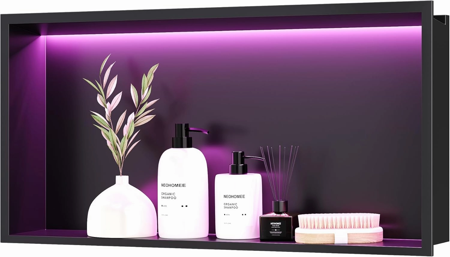 RGB LED Light Shower Niche, Matte Black 24X12 in Stainless Steel Wall Niche with Remote Control, Waterproof No Tile Needed Wall Niche for Bathroom Storage Built-in Installation