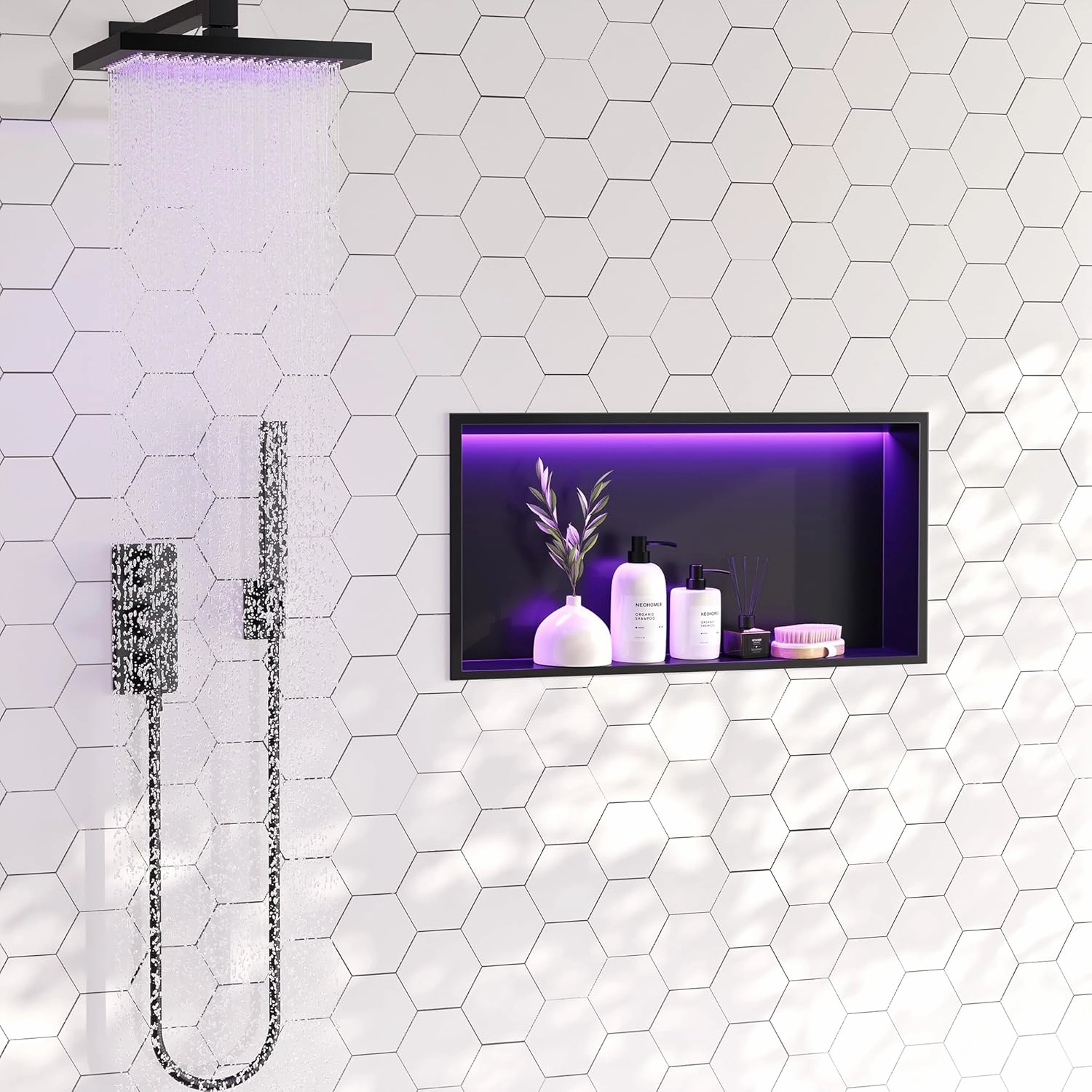 RGB LED Light Shower Niche, Matte Black 24X12 in Stainless Steel Wall Niche with Remote Control, Waterproof No Tile Needed Wall Niche for Bathroom Storage Built-in Installation
