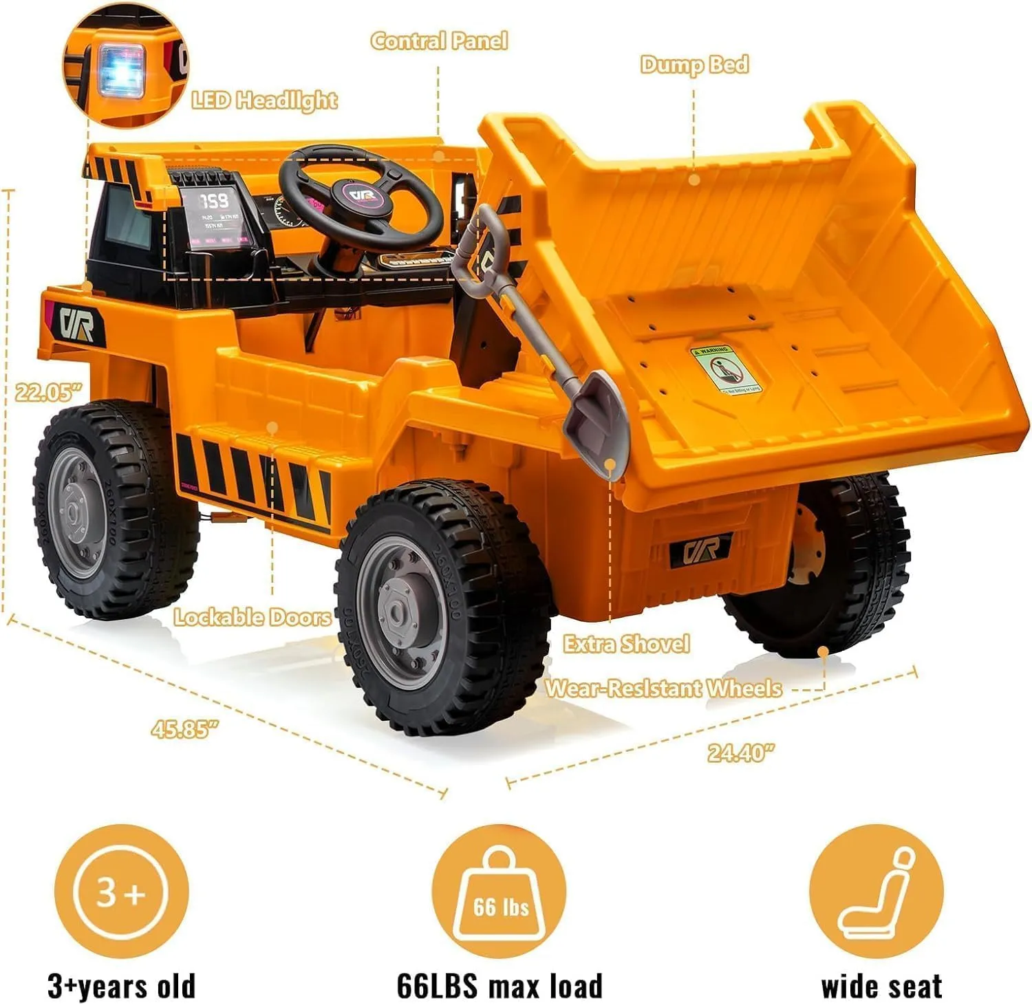 Ride On Dump Truck, 4 Wheeler Toy, Ride On Toys for Kids,12V Ride On Car with Remote Control, Electric Cars for Kids with Dump Bed, Shovel, Ride On Construction Vehicle with Music Player