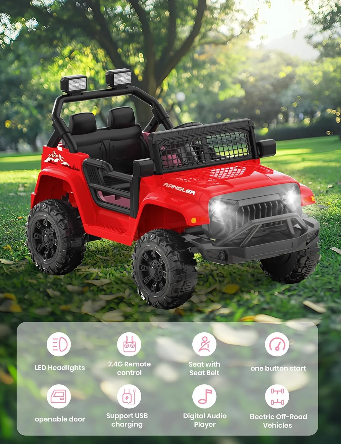 Ride on Truck Car 12V Kids Electric Vehicles w/Parent Remote Control, Battery Powered Toy SUV Truck w/Safety Belt,Forward and Reverse Functions,Battery Powered,Spring Suspension,Music and Lights-Red