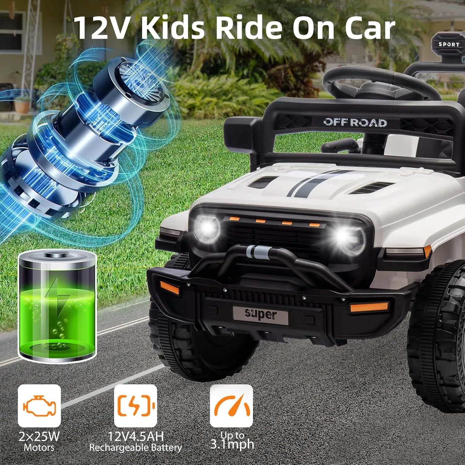 Ride On Truck Car, 12V Ride On Toy w/Parent Remote Control, Steering Wheel Music, 4-Wheel Spring Suspension, Led Lights, 2 Speeds, Kids Electric Vehicles for Age 3-5, White