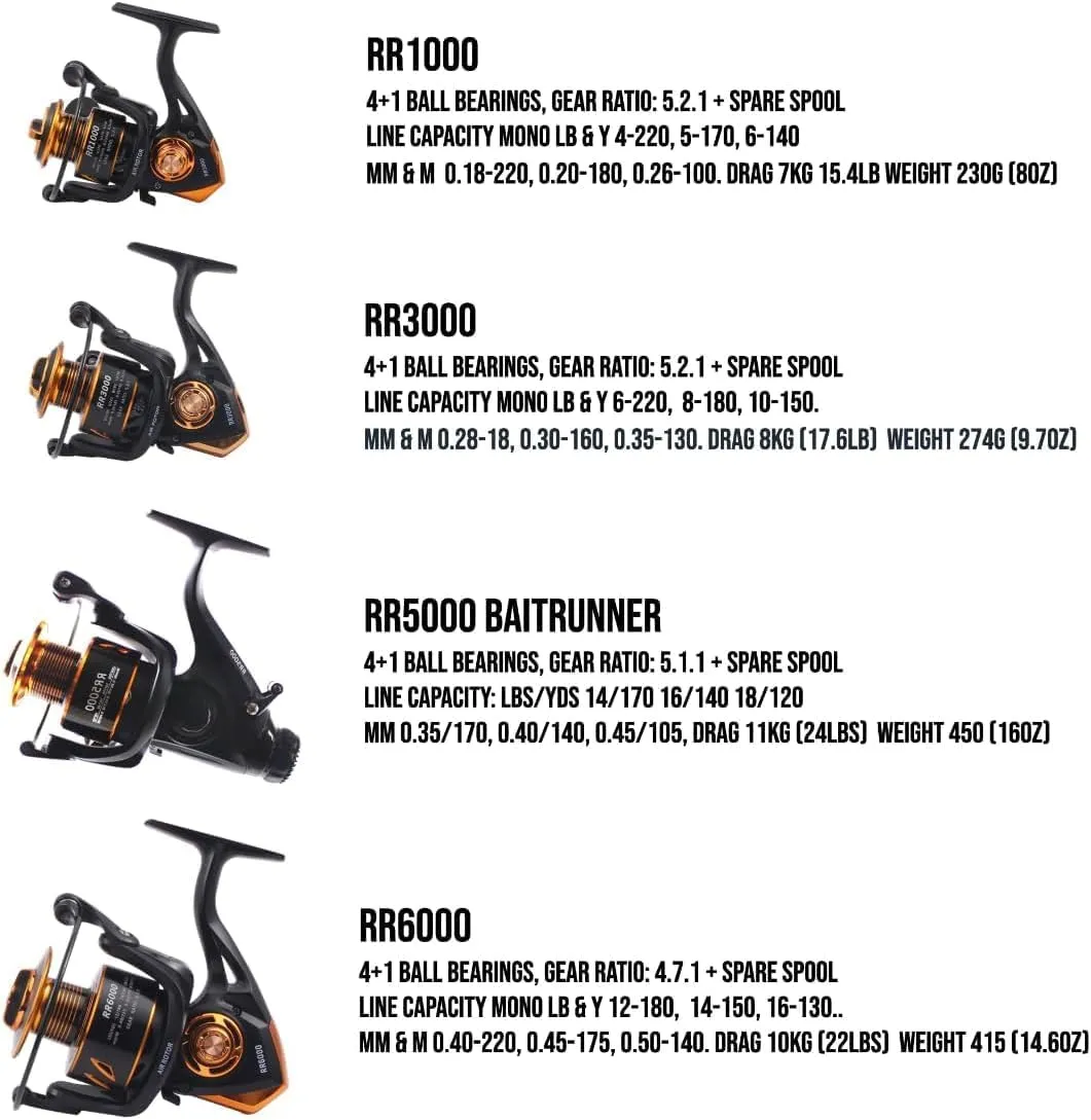 Rigged and Ready RR Spin Fishing reels 1000, 3000, 6000. Freshwater Saltwater Smooth Strong Durable Salt Protected. 4 1 Bearing. Spare Spool   Bag. Carp bass coarse Spin sea LRF Angling