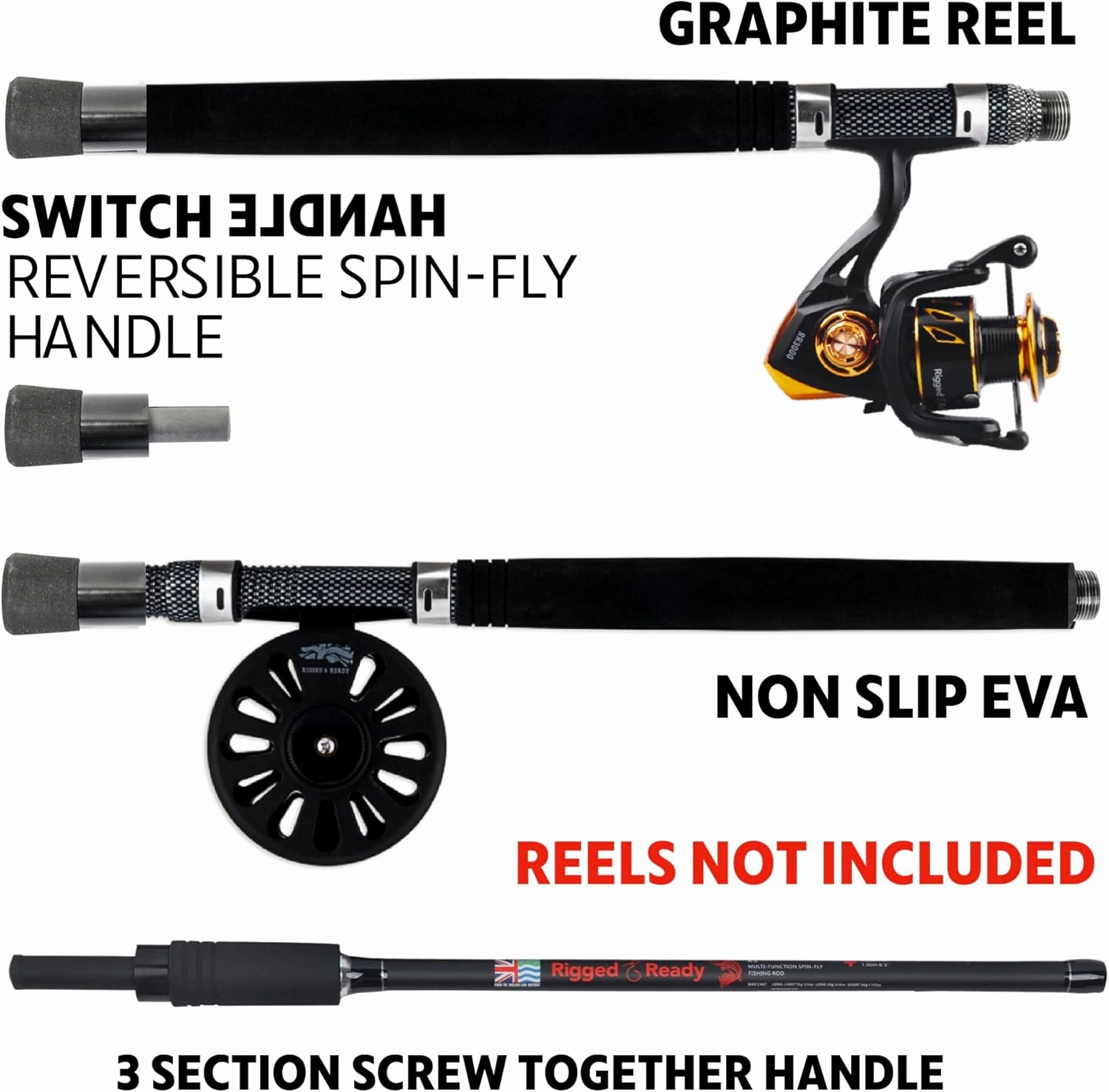 Rigged & Ready X Series Travel Fishing Rods. 6 Super Compact, Multi-Functional, Portable, Spin, Bass, Carp, Lure, Float, Fly Combos   Poles. 4 or 6 Tips & 5 to 25 Techniques Freshwater & Saltwater