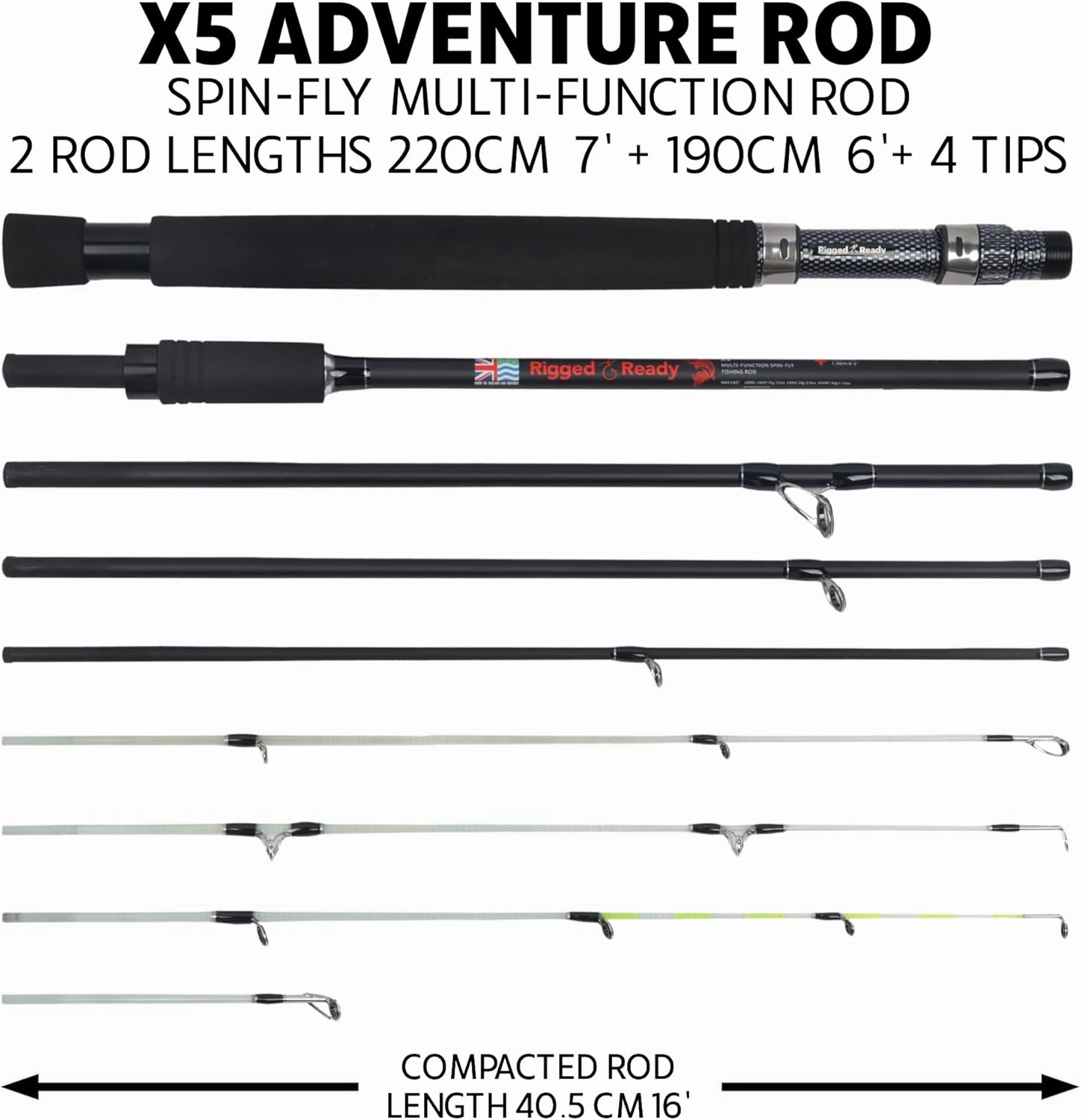 Rigged & Ready X Series Travel Fishing Rods. 6 Super Compact, Multi-Functional, Portable, Spin, Bass, Carp, Lure, Float, Fly Combos   Poles. 4 or 6 Tips & 5 to 25 Techniques Freshwater & Saltwater