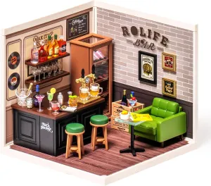 ROBOTIME Miniature House Kit DIY Plastic House Building Toy Set with LED Tiny Store Making Kit Model Craft Hobby Unique Gift (Leisurely Cheers Bar)