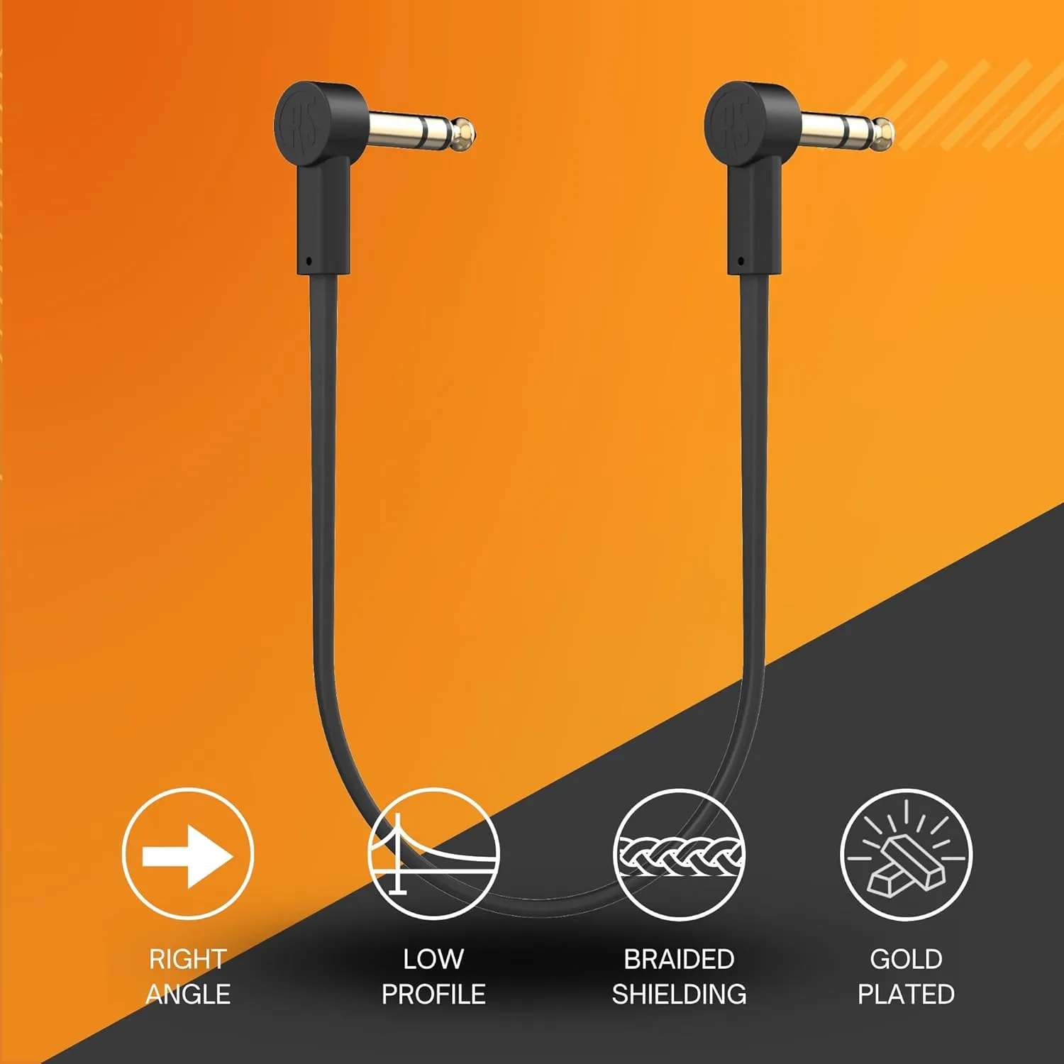 Rock Stock 1/4" Stereo TRS Flat Patch Cables - 36" Ultra-Thin, Right Angle, Low Profile, Gold Plated, Braided Shielding - Maximize Pedalboard Space, Eliminate Noise, Connect Guitar Effects Pedals