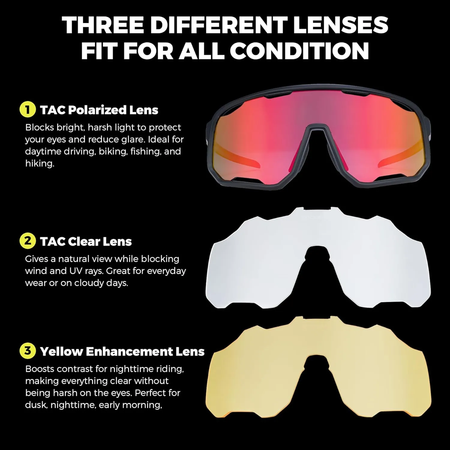 ROCKBROS Polarized Sunglasses Cycling Glasses Sports Sunglasses UV400 Protection for Women Men 3 Lenses