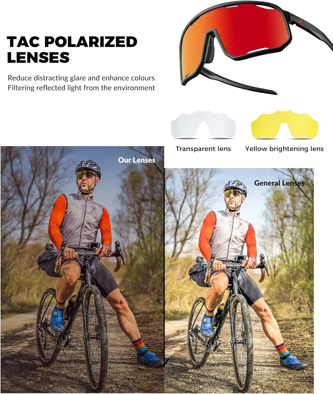 ROCKBROS Polarized Sunglasses Cycling Glasses Sports Sunglasses UV400 Protection for Women Men 3 Lenses