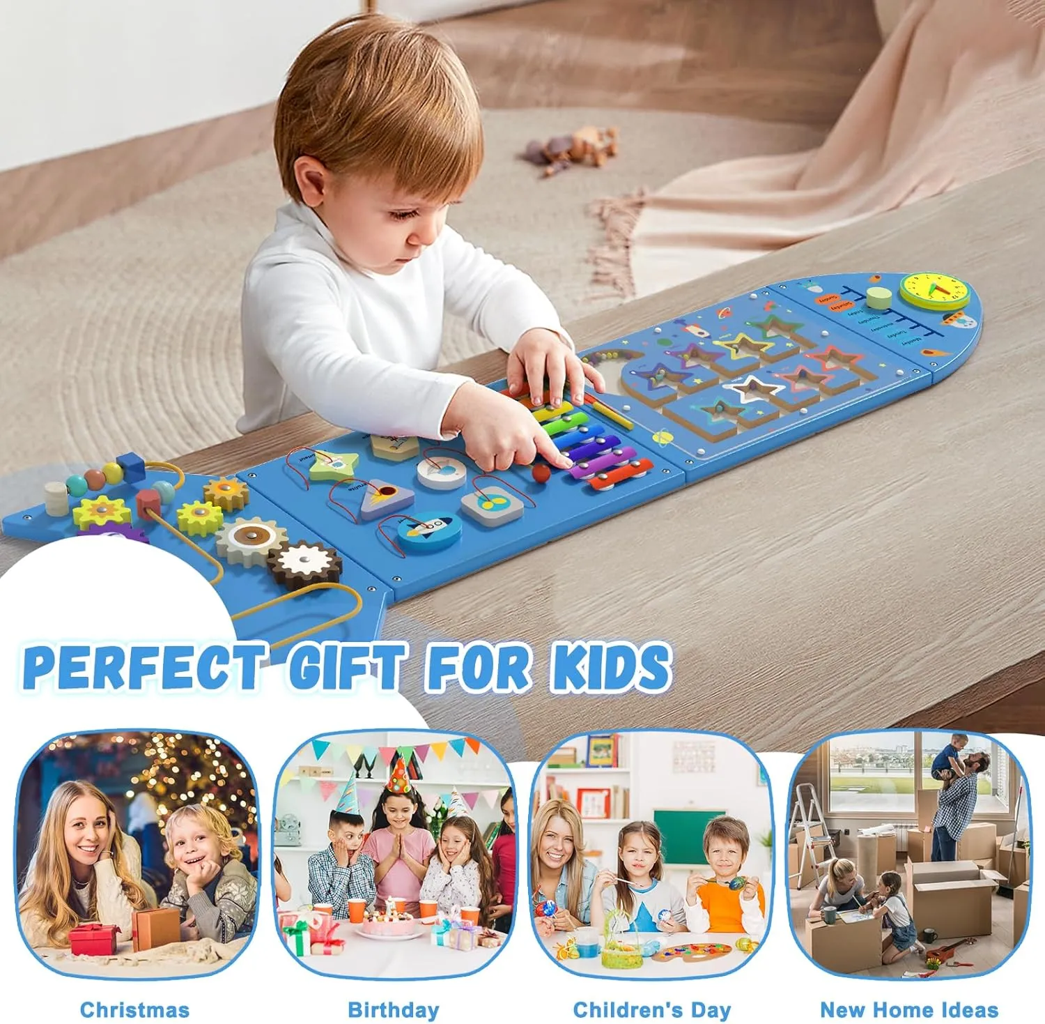 Rocket Activity Wall Busy Board Panels - Sensory Wall Panel for Kids, Montessori Toddler Wall Activity Board, Wall Toys for Toddlers 3, Activity Cube, Wall Activity Board, Blue(4PCS)