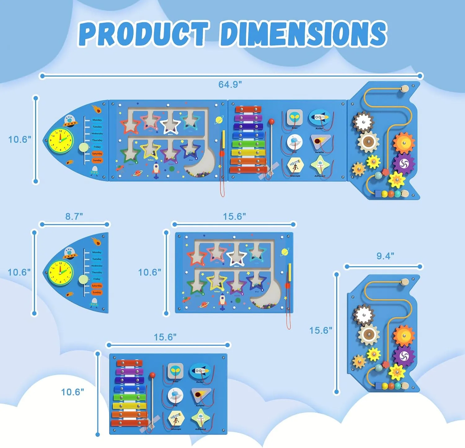 Rocket Activity Wall Busy Board Panels - Sensory Wall Panel for Kids, Montessori Toddler Wall Activity Board, Wall Toys for Toddlers 3, Activity Cube, Wall Activity Board, Blue(4PCS)