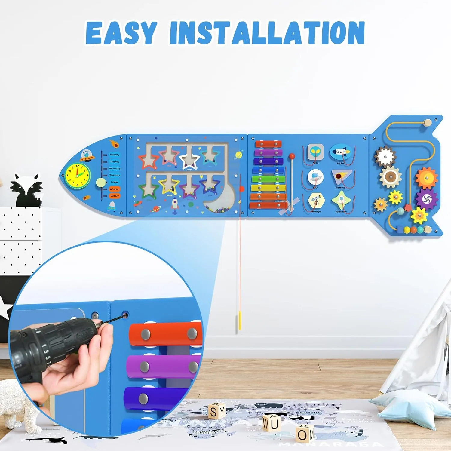 Rocket Activity Wall Busy Board Panels - Sensory Wall Panel for Kids, Montessori Toddler Wall Activity Board, Wall Toys for Toddlers 3, Activity Cube, Wall Activity Board, Blue(4PCS)