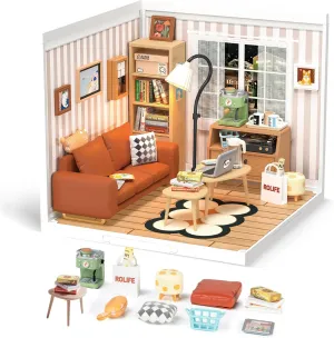 Rolife DIY Miniature Plastic House Building Set Toys Playset with LED Suitable for Mini Figures Construction Toys Diorama Kit Gifts for Teens Adults (Cozy Living Lounge)