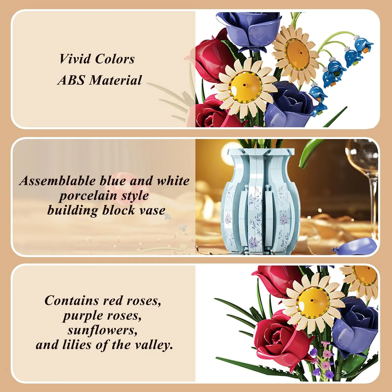Roses Flower Bouquet Building Set,787 Pcs Artificial Flower Kit with Vase,Plant Bonsai Tree Building Blocks,Valentine's Birthday Botanical Collection Gift for Women Girls Adults Friends Age 6 