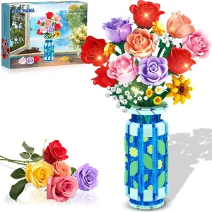 Roses Flowers Building Set with Vase & LED Light, Mother's Day 16 Mini Flowers Bouquet Botanical Building Blocks Toy, Birthday Gifts for Adults, Artificial Flowers for Home Decor & Display