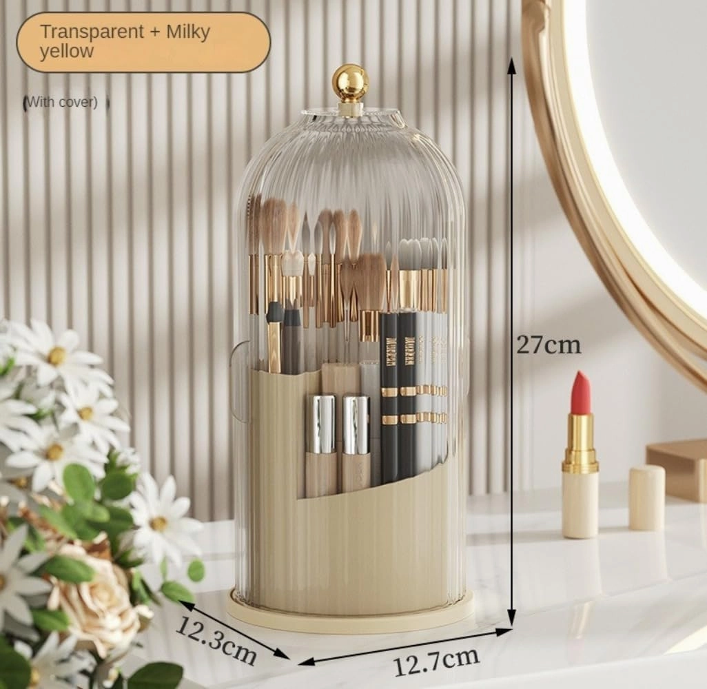 Rotating Makeup Brush Holder with Clear Lid – 360° Makeup Brush Organizer for All Brush Sizes, Durable Dustproof Storage Stand with Large Capacity, Easy to Clean, No Assembly (Milk yellow/transparent)