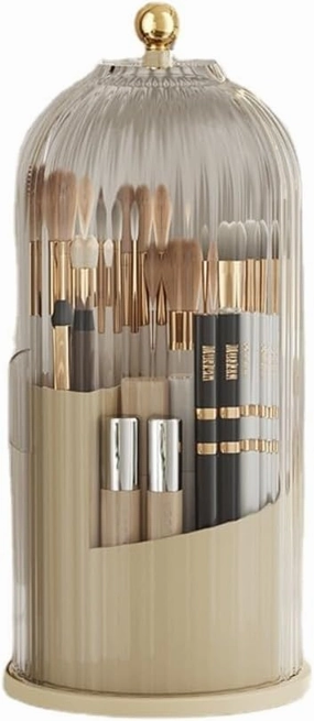 Rotating Makeup Brush Holder with Clear Lid – 360° Makeup Brush Organizer for All Brush Sizes, Durable Dustproof Storage Stand with Large Capacity, Easy to Clean, No Assembly (Milk yellow/transparent)