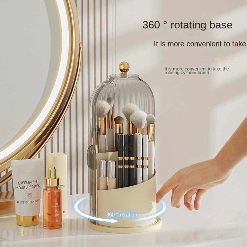 Rotating Makeup Brush Holder with Clear Lid – 360° Makeup Brush Organizer for All Brush Sizes, Durable Dustproof Storage Stand with Large Capacity, Easy to Clean, No Assembly (Milk yellow/transparent)