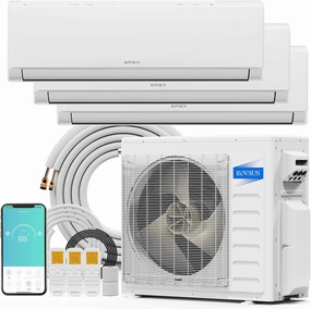 ROVSUN 28000 BTU Tri Zone WIFI Mini Split AC/Heating System, 20 SEER2 3 Zone 9000   12000   12000 BTU Ductless Split Air Conditioner with Pre-Charged Condenser, Heat Pump & 25Ft Line Set, 208-230V