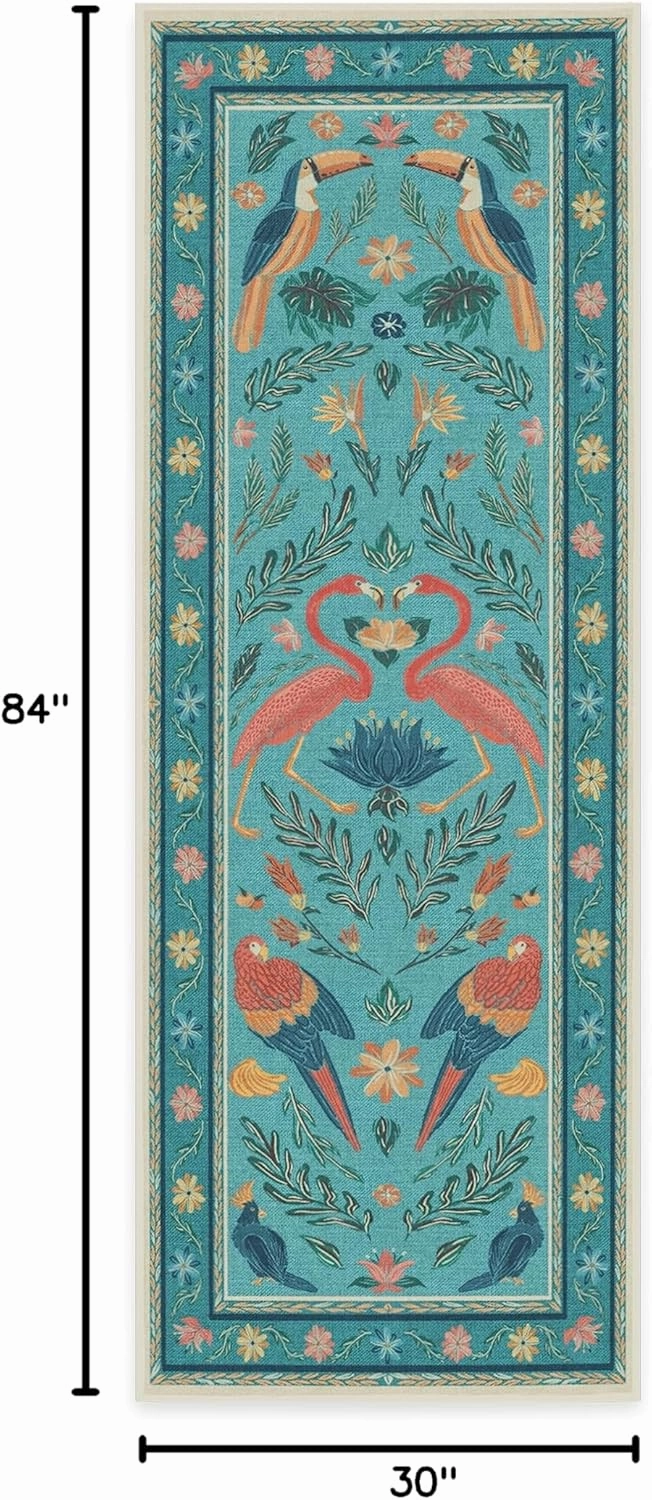Ruggable Washable 2x7 Runner Rug, Birds Of A Feather Aqua, Premium Modern Rugs for Hallway, Kitchen, Entryway, Living Room, Bedroom, Office with Gripper Non Slip Pad, Iris Apfel