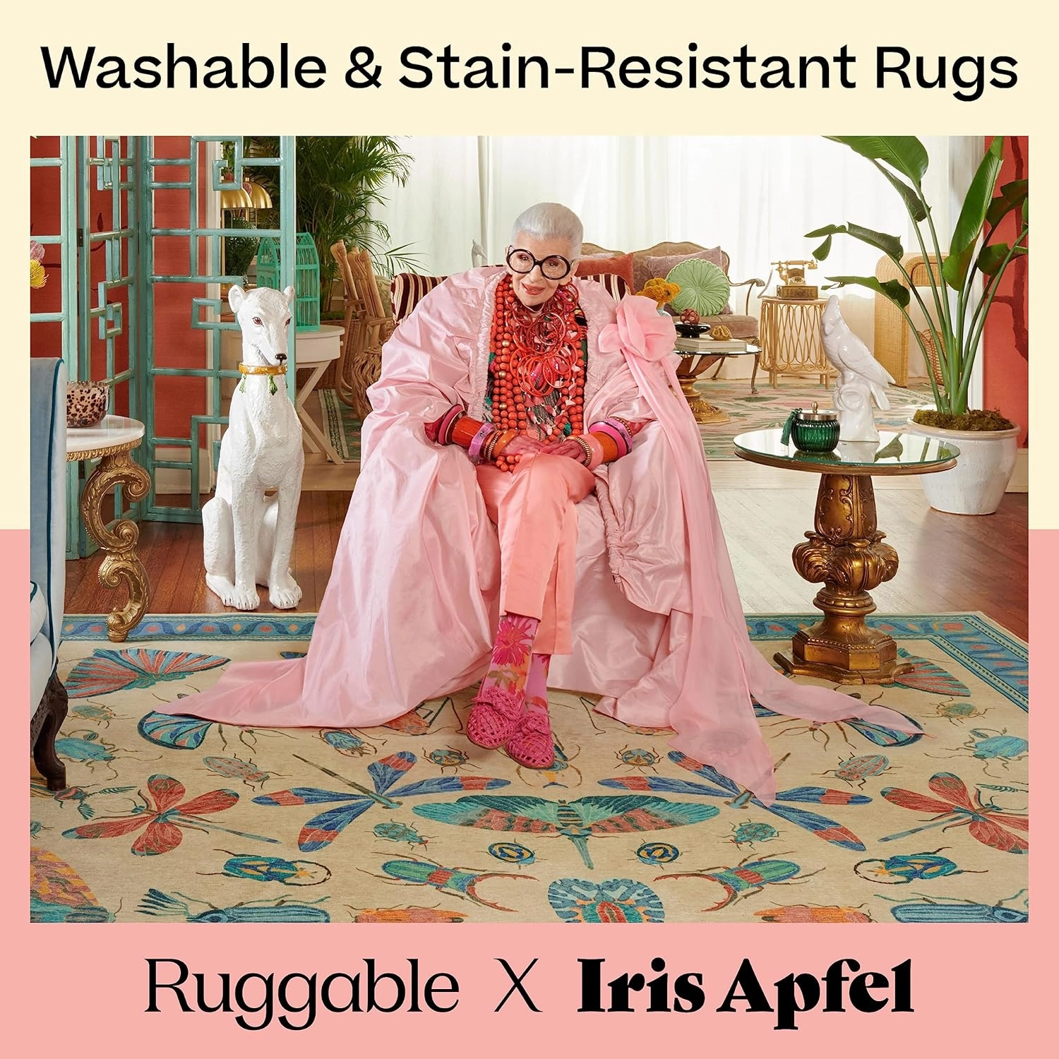 Ruggable Washable 2x7 Runner Rug, Birds Of A Feather Aqua, Premium Modern Rugs for Hallway, Kitchen, Entryway, Living Room, Bedroom, Office with Gripper Non Slip Pad, Iris Apfel
