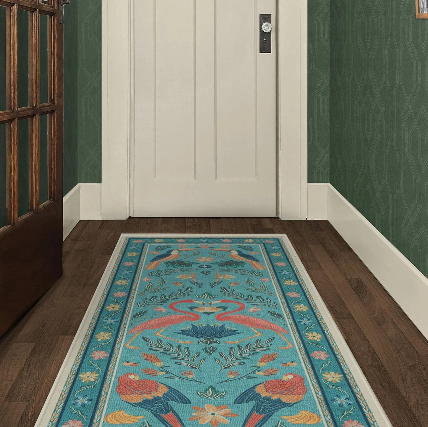Ruggable Washable 2x7 Runner Rug, Birds Of A Feather Aqua, Premium Modern Rugs for Hallway, Kitchen, Entryway, Living Room, Bedroom, Office with Gripper Non Slip Pad, Iris Apfel