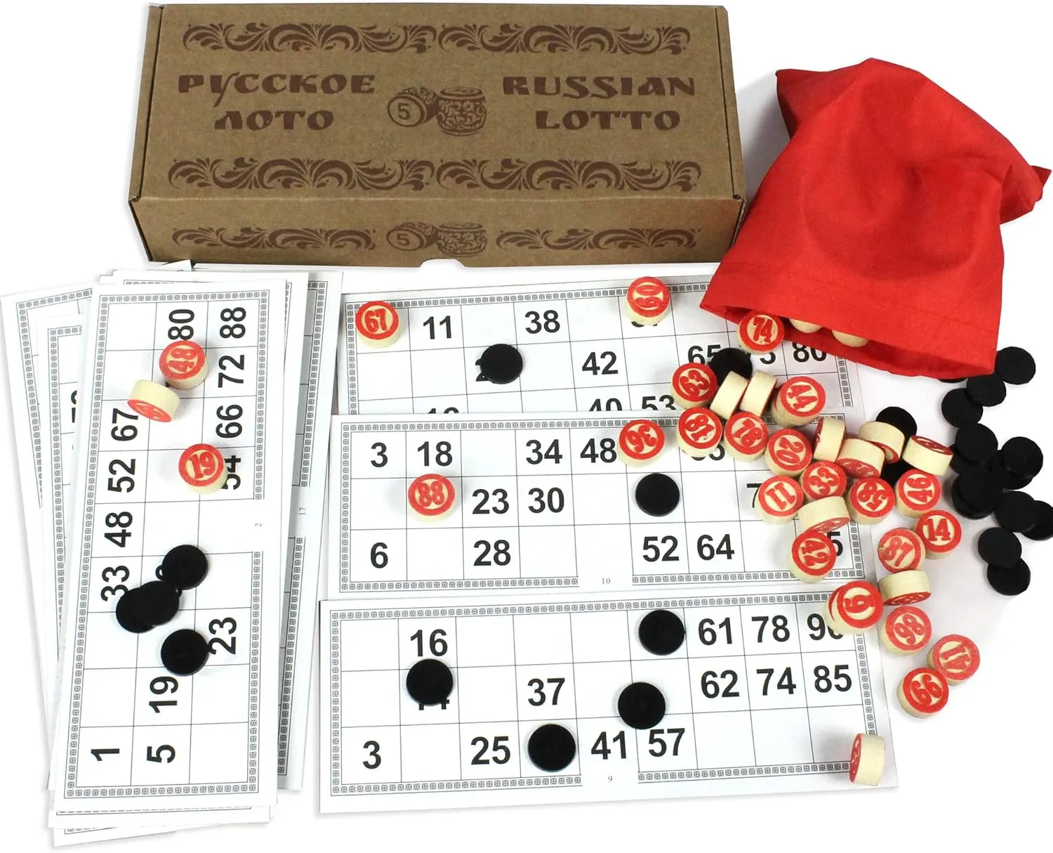 Russian Loto Family Game - Bingo Game for Adults - Tombola Games - Russian Lotto Game with Wooden Barrels, Bingo Cards and Chips - Board Games
