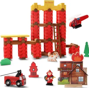 SainSmart Jr. 236 PCS Wood Logs Cabin Set Ages 3 , Fire Station Building Log Gift for Boy/Girl, Creative Construction Engineering Educational Toy