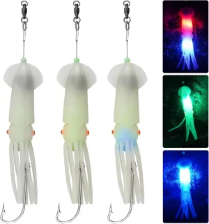 Saltwater Squid Trolling Lures, LED Lighted Lures with 6/0 Stainless Steel Hook Glow in The Dark Fishing Lures Deep Drop Squid Jig Baits for Mackerel Tuna Striper Cod Grouper