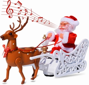 Santa Claus Doll Elk Sled Toy, 2024 Christmas Universal Electric Car Pulling Cart with Music, Running Walking Riding Reindeer Singing Xmas Decor Gifts for Children Kids