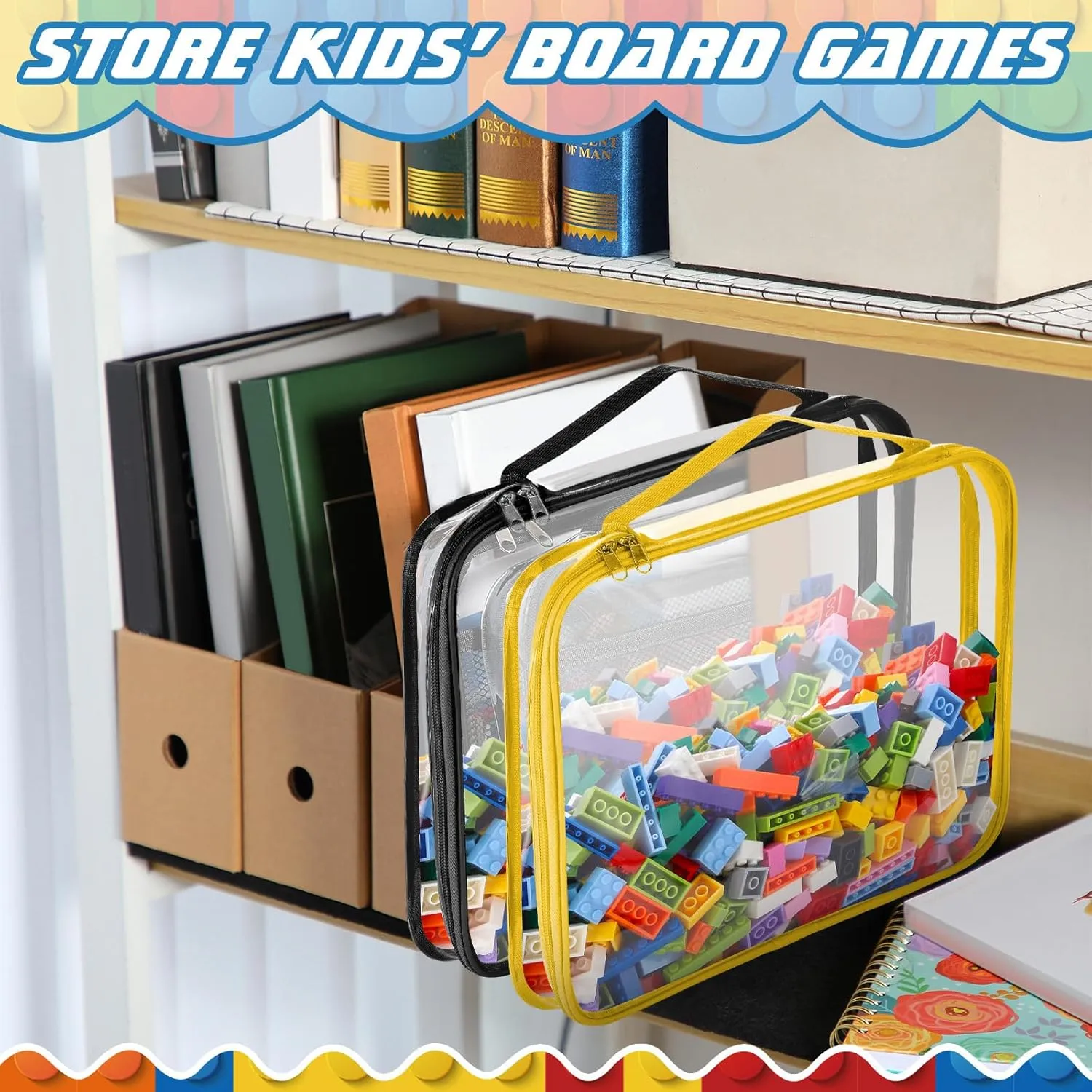Sanwuta 6 Packs Toy Storage Bags, PVC Organizing Case Bags with Zipper, Waterproof Toy Container for Board Games, Building Blocks, Puzzles, Small Toys and Kids Books(Large,Simple Colors)