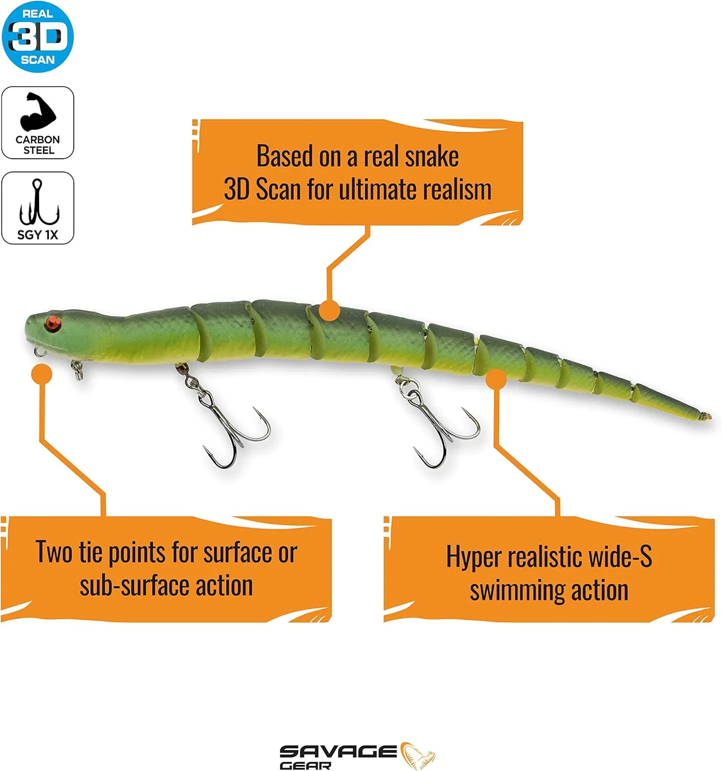 Savage Gear 3D Wake Snake Fishing Bait, Realistic Contours, Colors & Movement, Durable Construction, Versatile Rigging Options, Dual Treble Hook Configuration