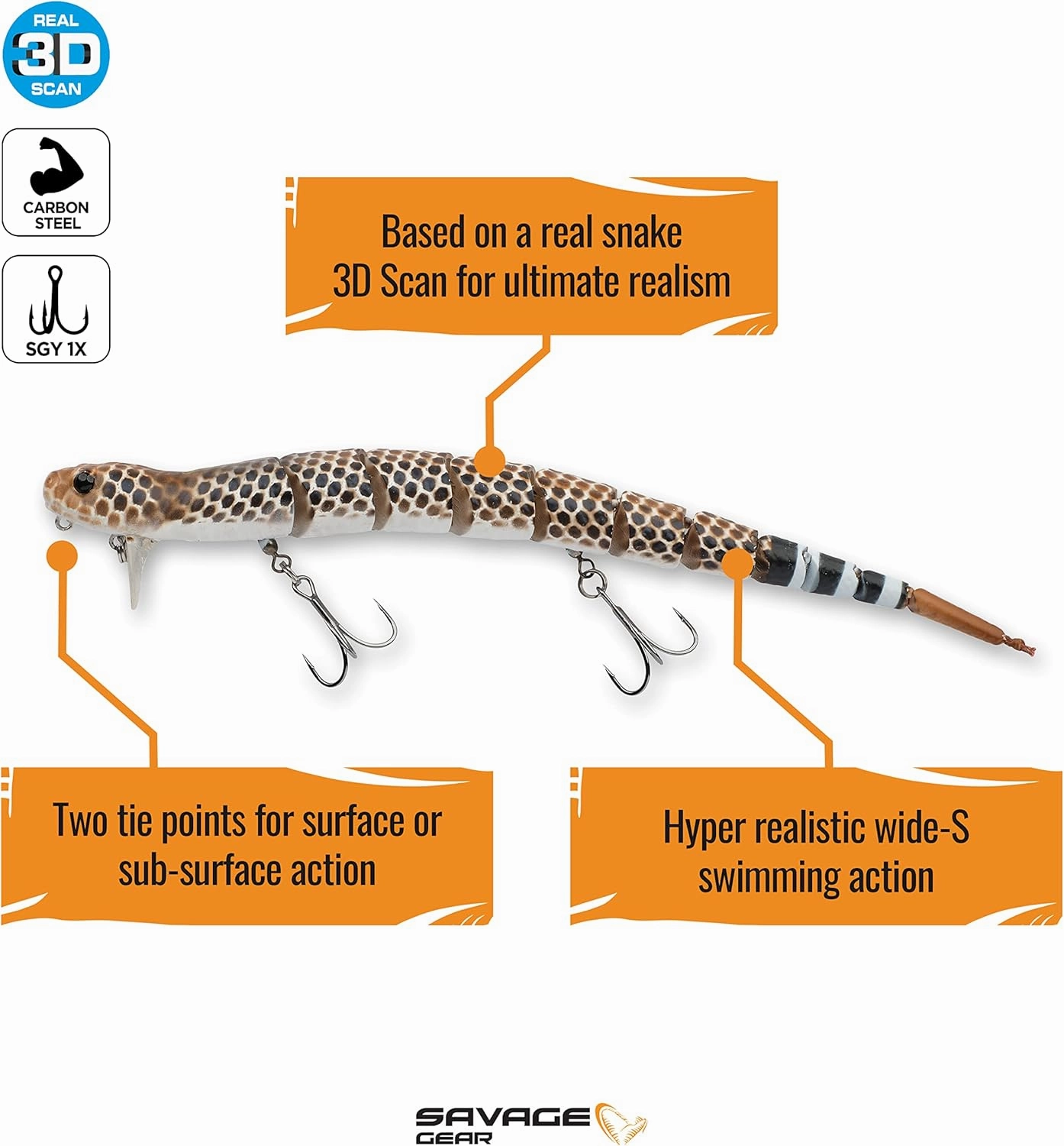 Savage Gear 3D Wake Snake Fishing Bait, Realistic Contours, Colors & Movement, Durable Construction, Versatile Rigging Options, Dual Treble Hook Configuration