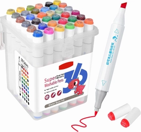 SAYEEC Washable Markers, 36 Colors Art Markers Set with Case, Fine Chisel Dual Tips Drawing Pens Water-Based Marker for Artist Adults Coloring Books Sketching Journaling Illustration Manga Comic