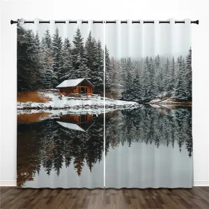 Scene Blackout Curtains 2 Panels-52 x84 Each, A Cabin in The Woods by an Alpine Lake, with Pine Trees Covered in Snow Window Curtains Grommet Drapes for Living Room Bedroom