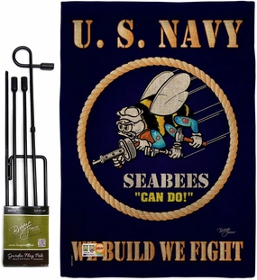 Sea Bees Burlap Garden Flag - Set with Stand Armed Forces Navy USN Seabee United State American Military Veteran Retire Official - House Banner Small Yard Gift Double-Sided Made In USA 13 X 18.5