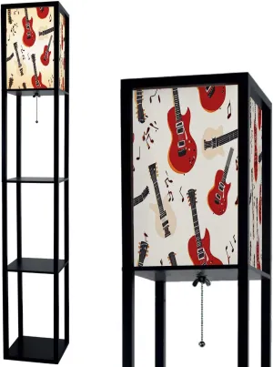 Seamless Pattern Electric Guitars Musical Notes Musical Color Floor Lamps with Shelves, Modern Standing Lamp Narrow Corner Display Bookshelf Lamp for Living Room, Bedroom, Office Decor