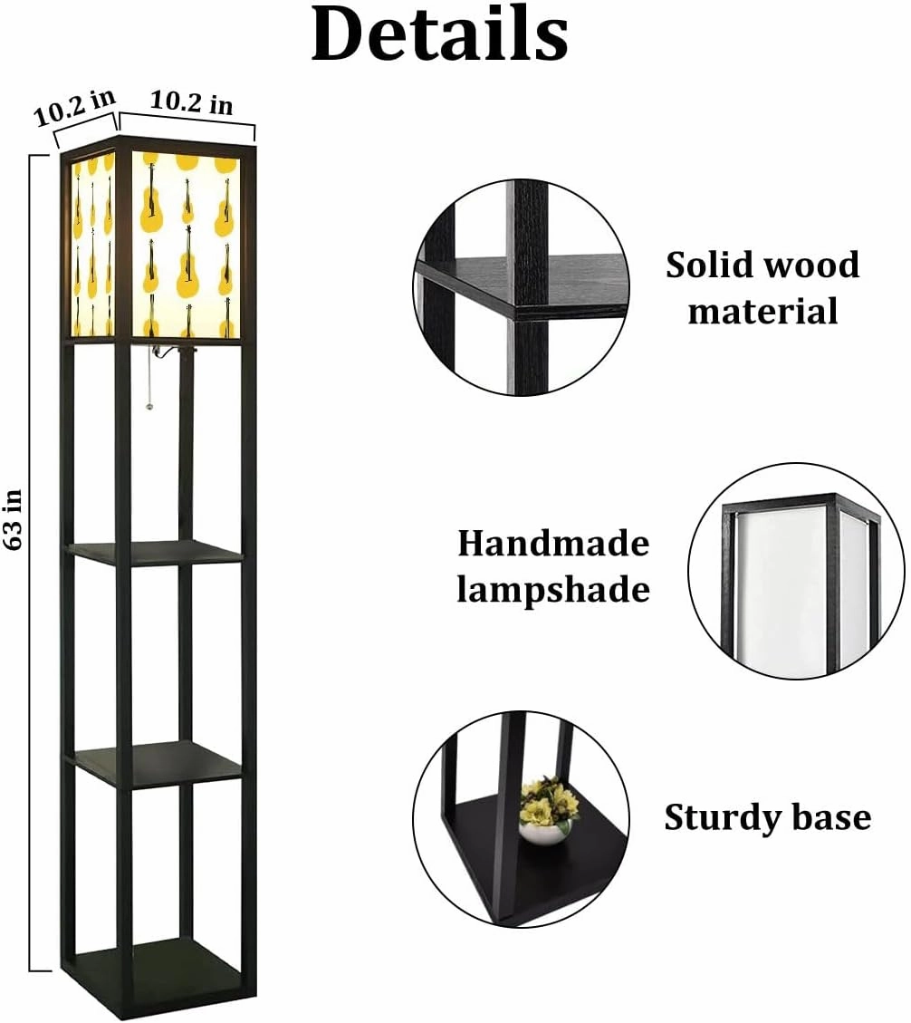 Seamless pattern withi Illustration musical instrument electric guitar Floor Lamps with Shelves, Modern Standing Lamp Narrow Corner Display Bookshelf Lamp for Living Room, Bedroom, Office Decor