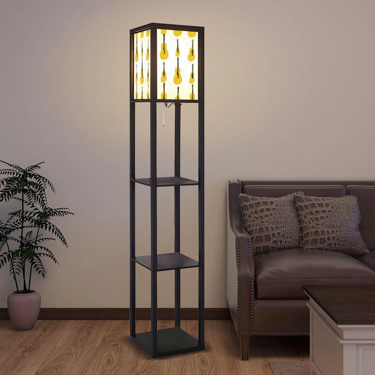 Seamless pattern withi Illustration musical instrument electric guitar Floor Lamps with Shelves, Modern Standing Lamp Narrow Corner Display Bookshelf Lamp for Living Room, Bedroom, Office Decor