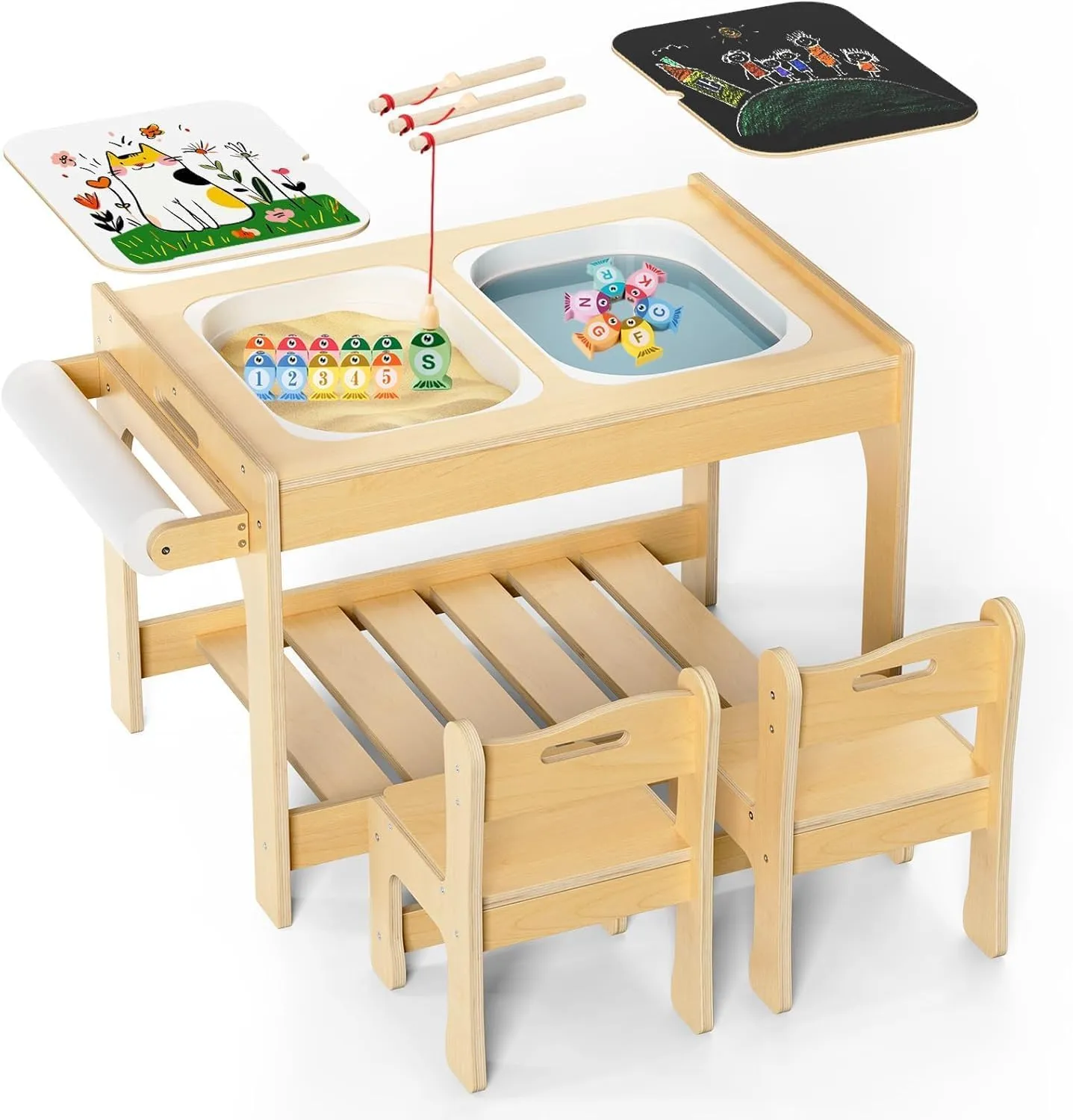Sensory Table，Kids Sensory Table for Toddlers 1-3, Indoor, Montessori Toddler Activity with 2 Chairs, Sand and Water for Children with Fishing Game