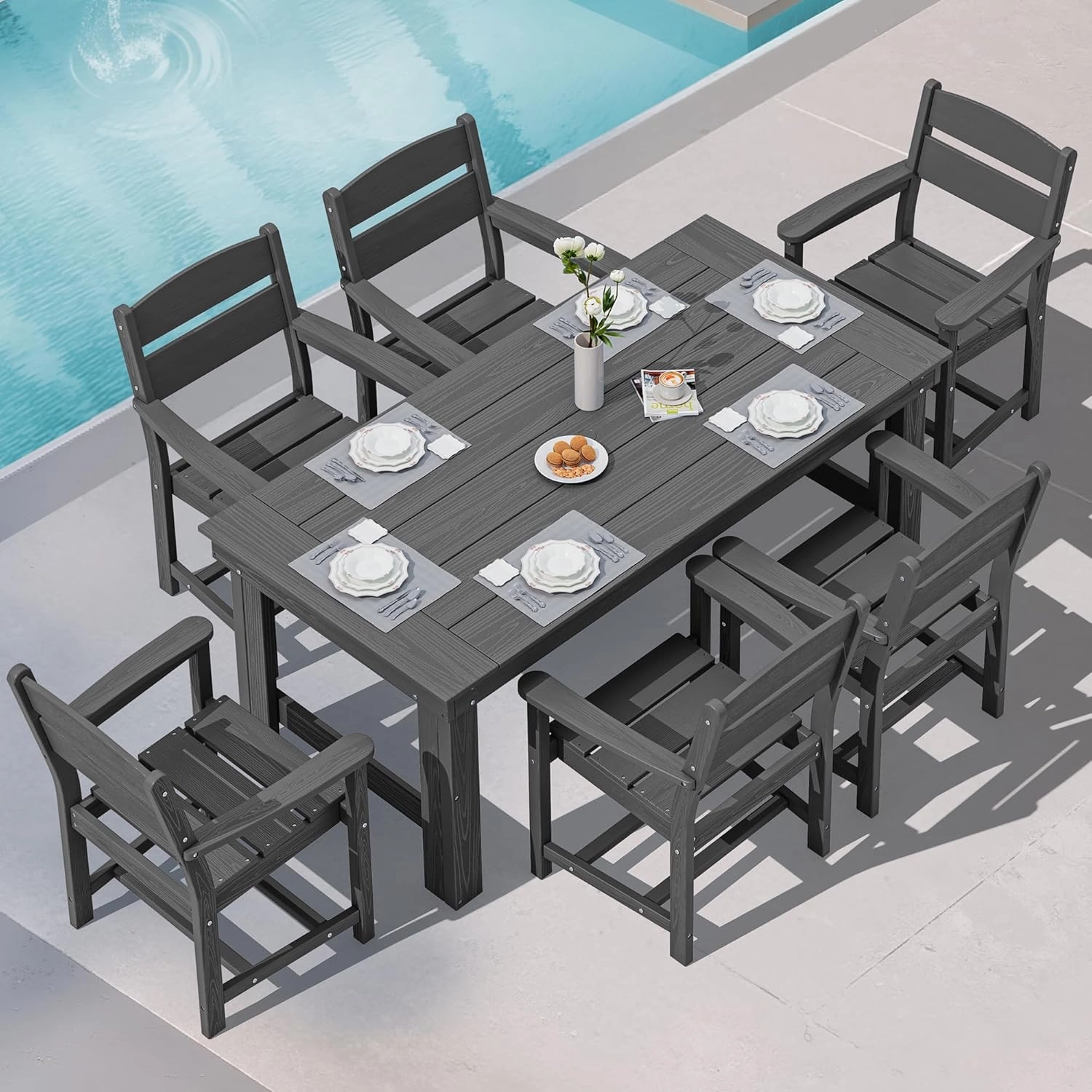 SERWALL Outdoor Dining Table Set, 67‘’ HDPE Patio Dining Set for 6, All-Weather Outdoor Table and Chairs Set for Deck