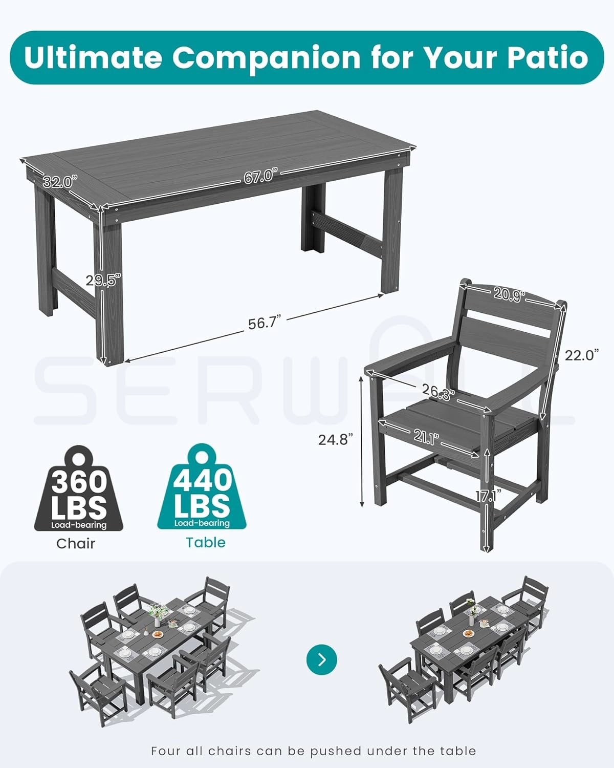 SERWALL Outdoor Dining Table Set, 67‘’ HDPE Patio Dining Set for 6, All-Weather Outdoor Table and Chairs Set for Deck