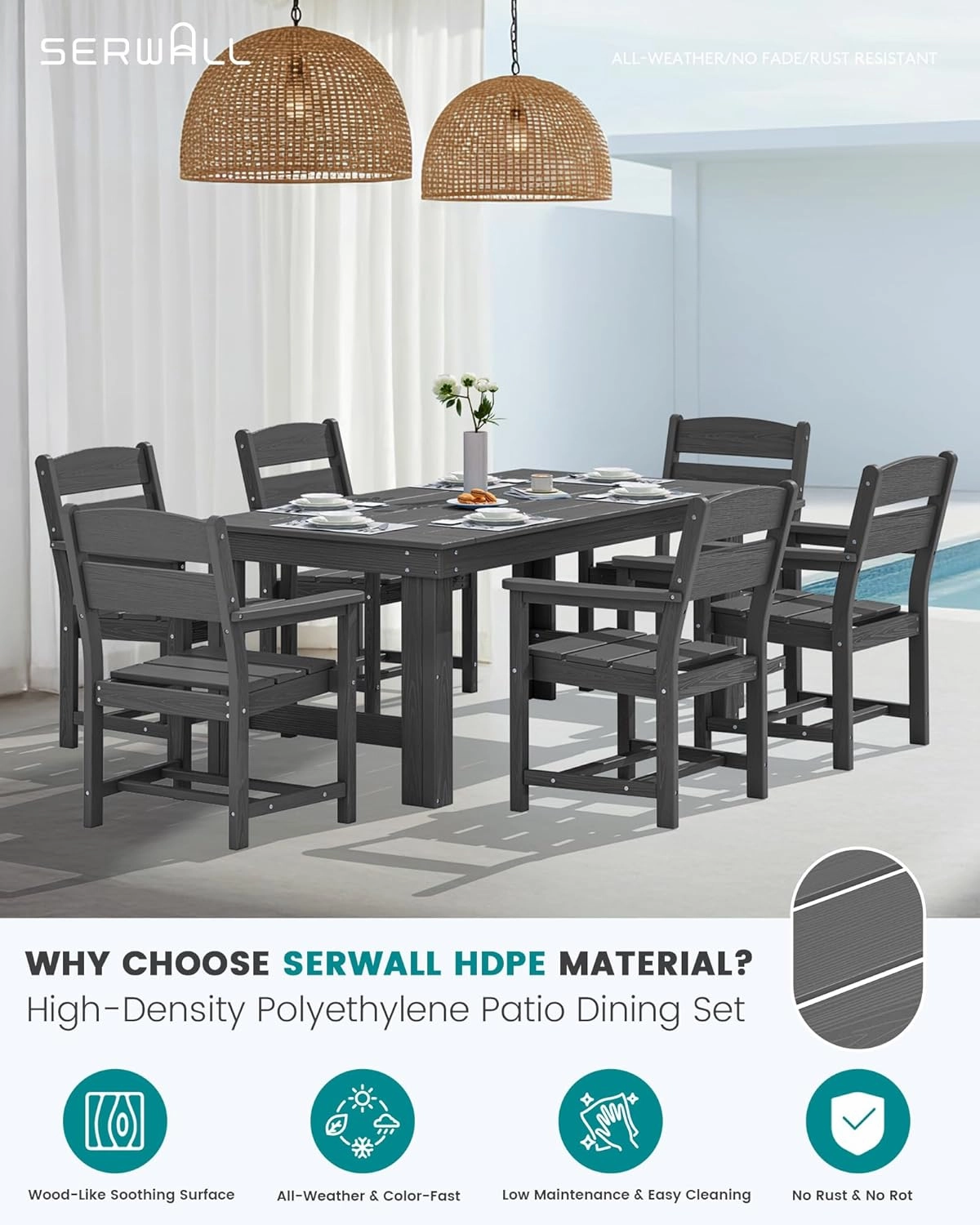 SERWALL Outdoor Dining Table Set, 67‘’ HDPE Patio Dining Set for 6, All-Weather Outdoor Table and Chairs Set for Deck