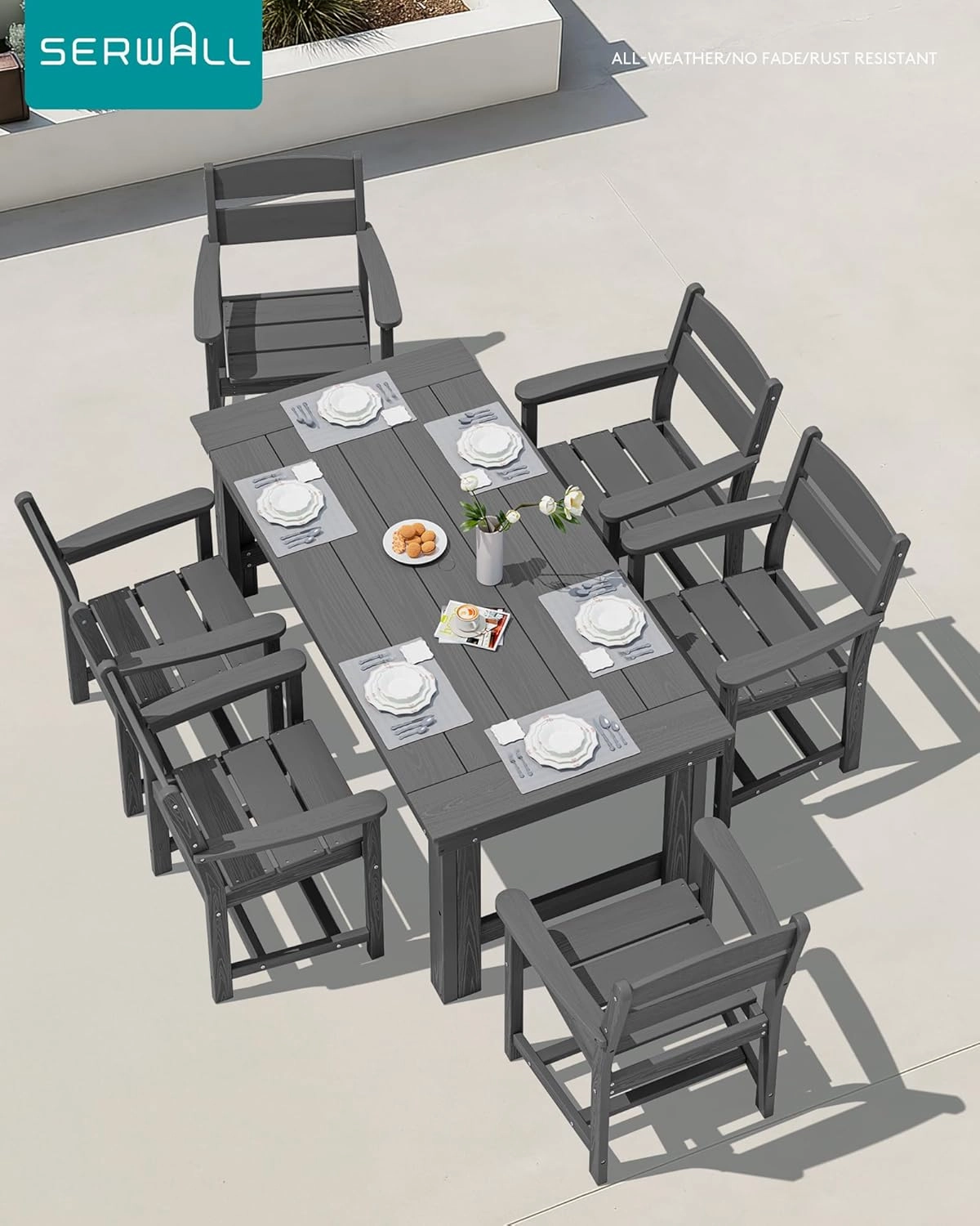 SERWALL Outdoor Dining Table Set, 67‘’ HDPE Patio Dining Set for 6, All-Weather Outdoor Table and Chairs Set for Deck