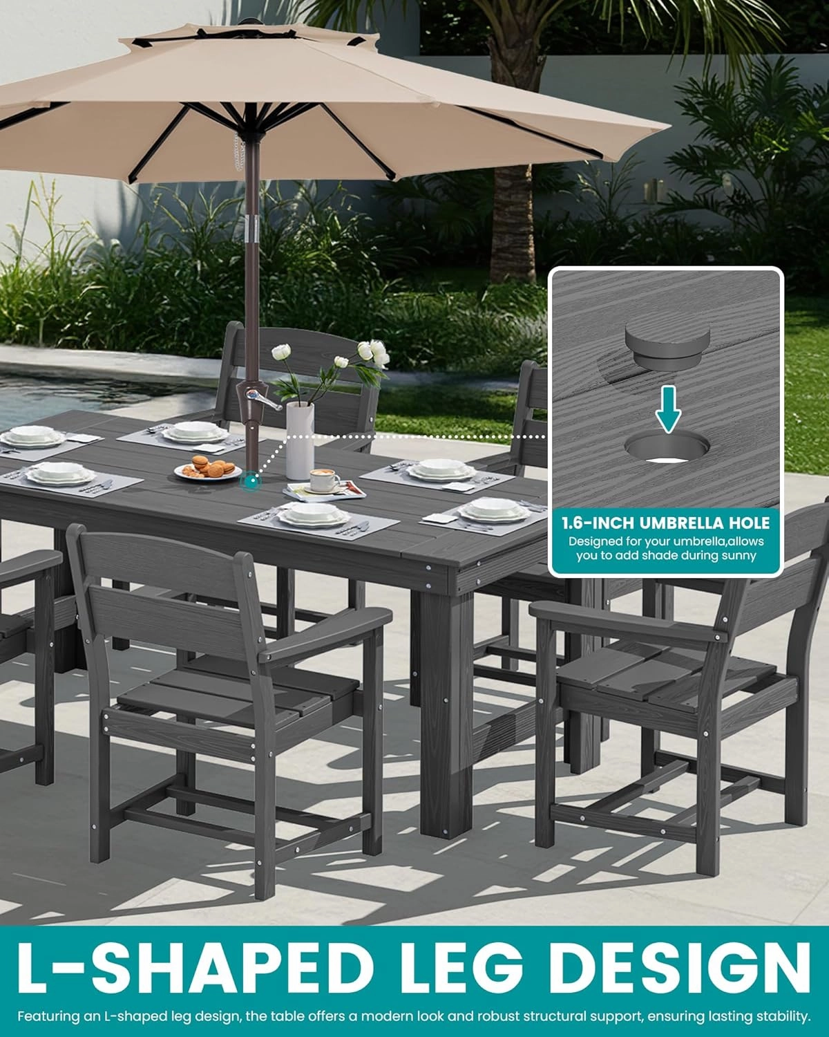 SERWALL Outdoor Dining Table Set, 67‘’ HDPE Patio Dining Set for 6, All-Weather Outdoor Table and Chairs Set for Deck