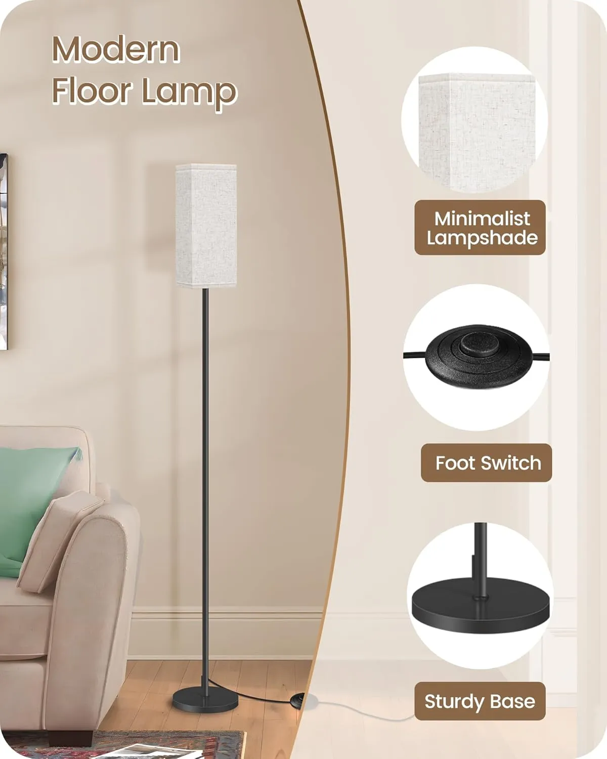 Set of 2 Floor Lamps for Living Room, Modern Tall Standing Lamps with Foot Switches, Bulb Not Included, 64.6'', for Living Room, Bedroom, Study, Kids Room, Beige and Black E07LDP205W1