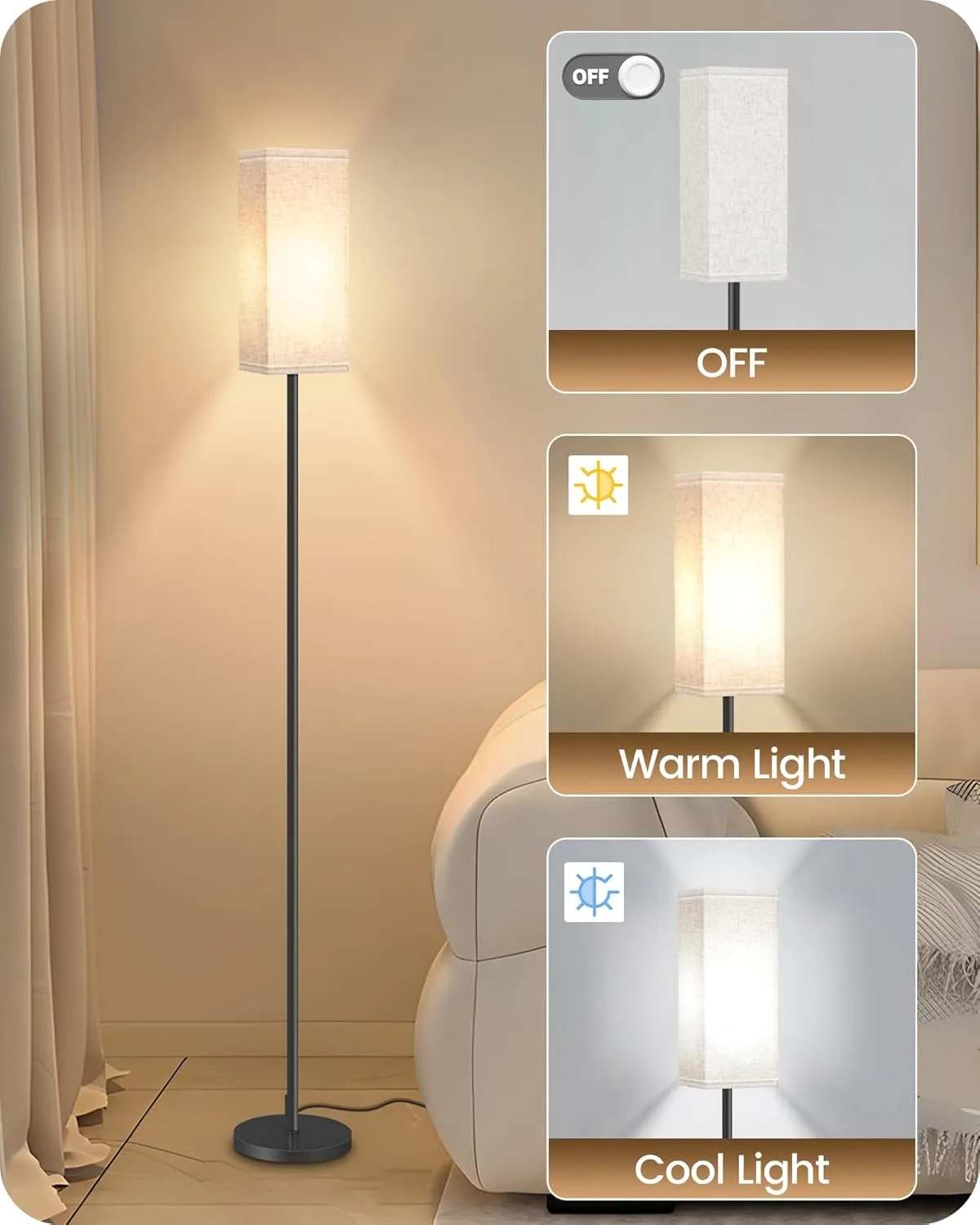 Set of 2 Floor Lamps for Living Room, Modern Tall Standing Lamps with Foot Switches, Bulb Not Included, 64.6'', for Living Room, Bedroom, Study, Kids Room, Beige and Black E07LDP205W1