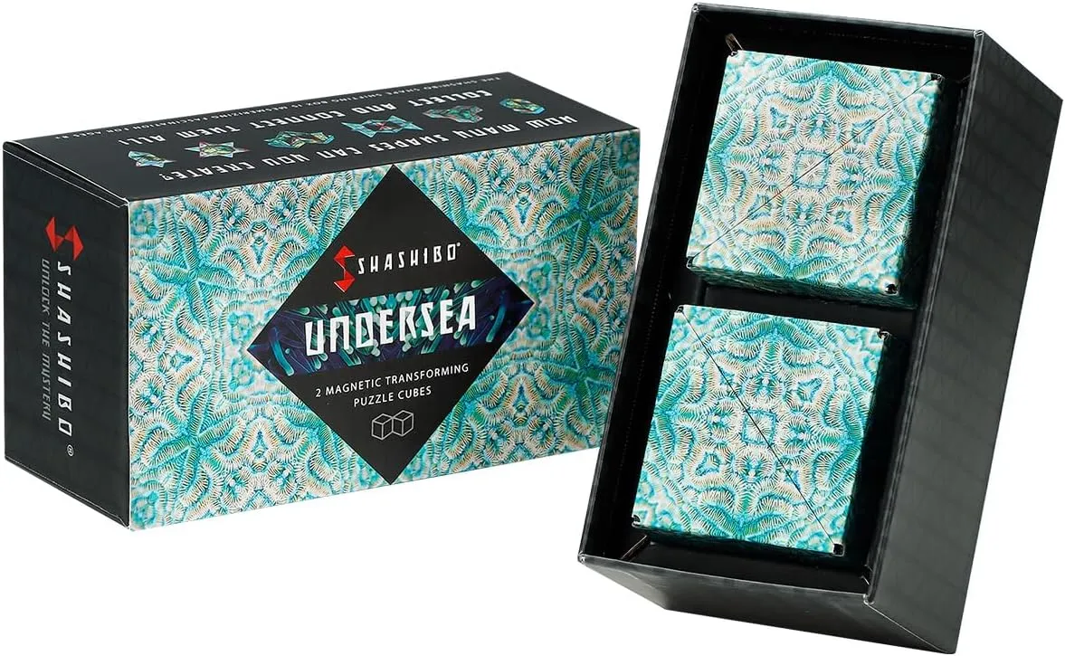 SHASHIBO Shape Shifting Box - Award-Winning, Patented Fidget Cube w/ 36 Rare Earth Magnets - Transforms Into Over 70 Shapes, Gift Box, Download Fun in Motion Toys Mobile App (Undersea, 2 Pack)