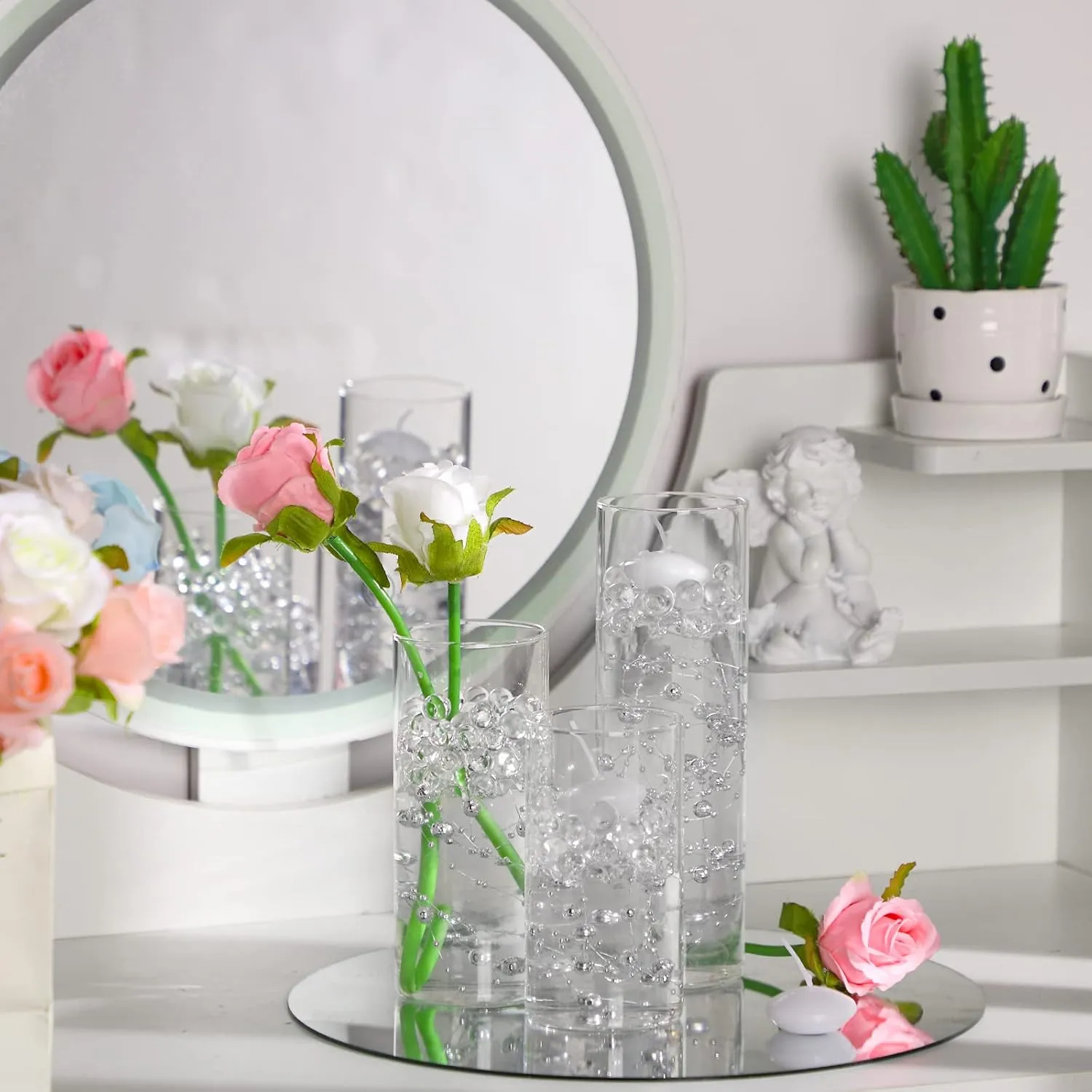 Shihanee 15 Pcs Clear Glass Cylinder Vases Centerpiece Flower Vase Candle Holder for Centerpiece Wedding Party Decor with Candles Faux Pearls String and Beads (Silver)