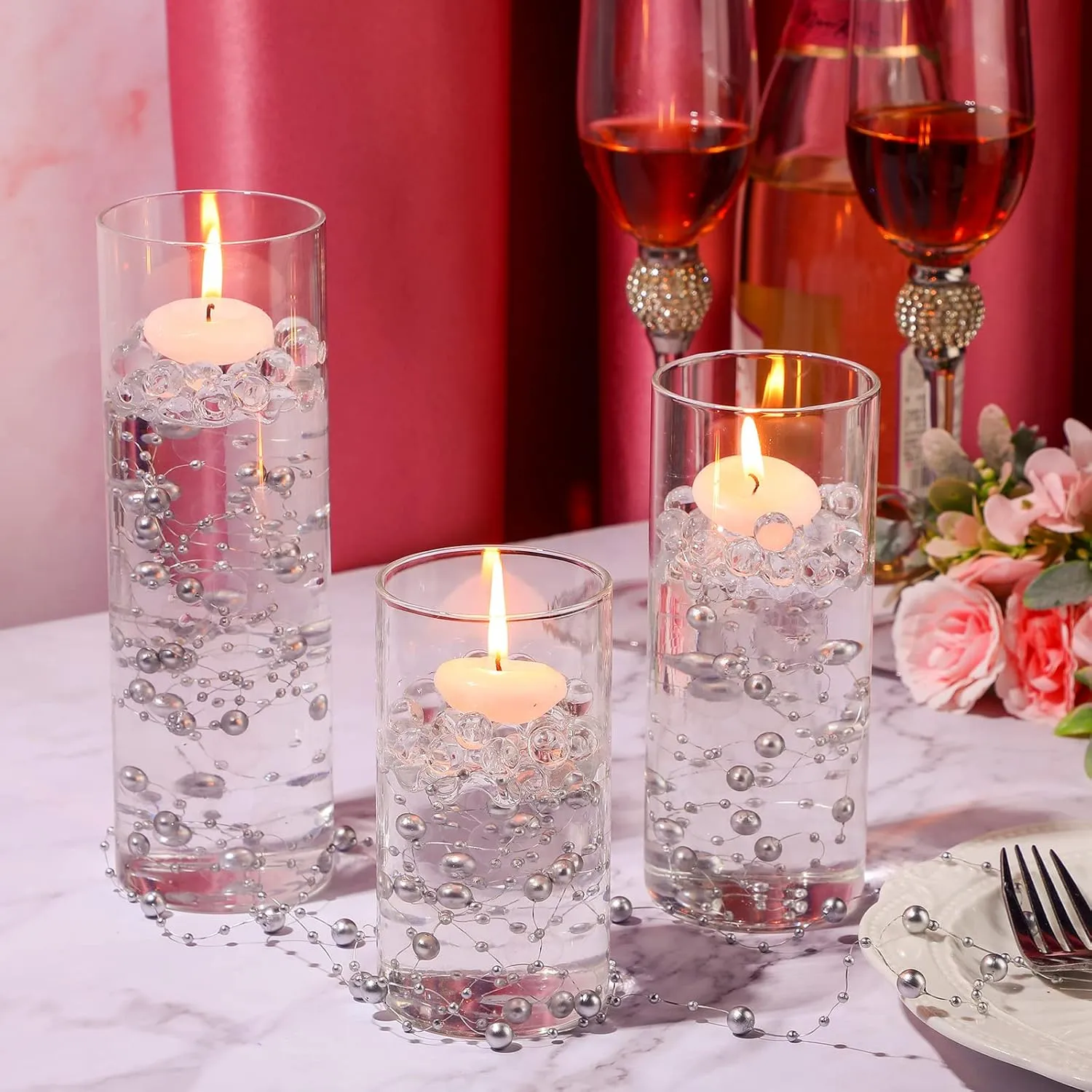 Shihanee 15 Pcs Clear Glass Cylinder Vases Centerpiece Flower Vase Candle Holder for Centerpiece Wedding Party Decor with Candles Faux Pearls String and Beads (Silver)